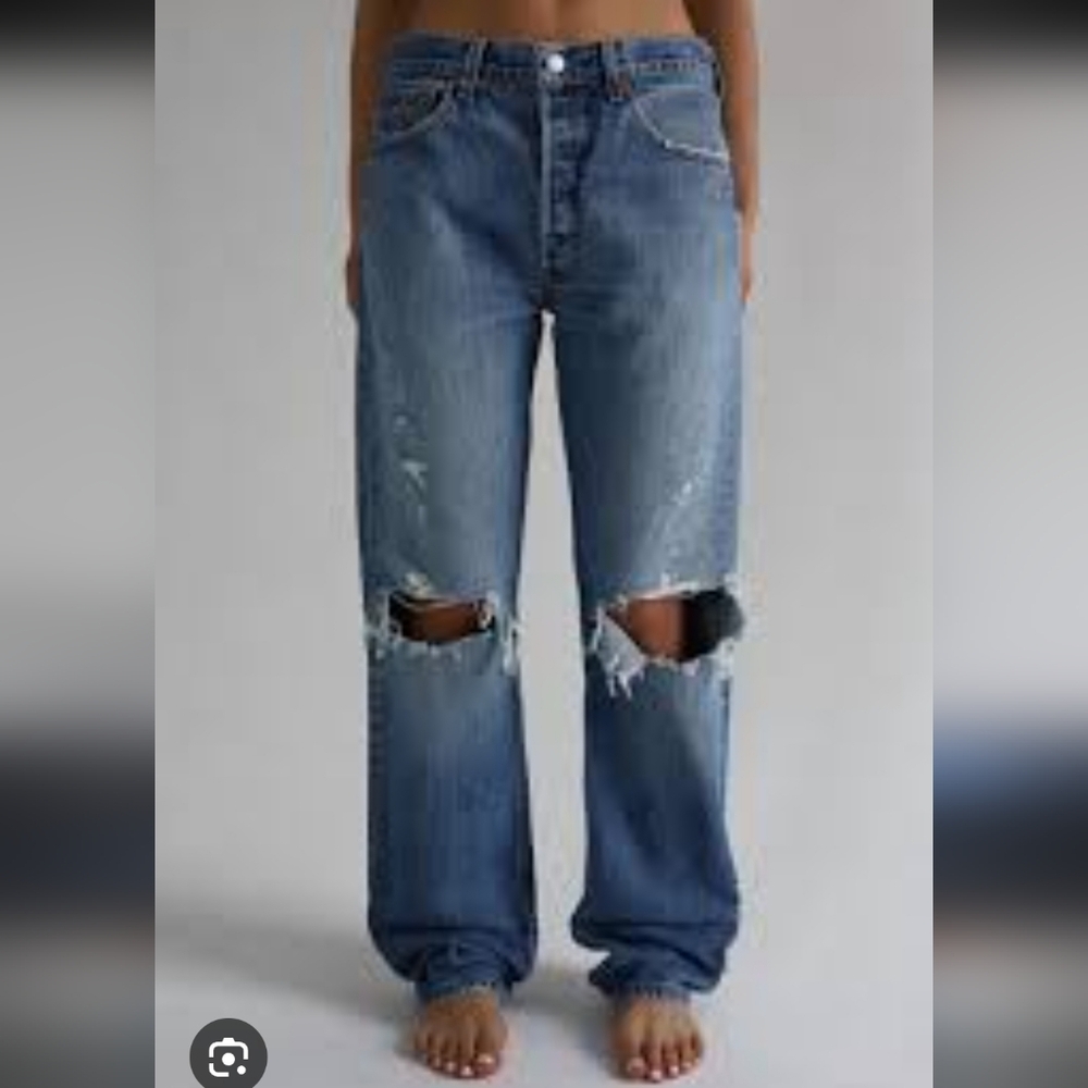 Re/Done High Rise Denim Blue Jeans Destroy Straight 27 Distressed